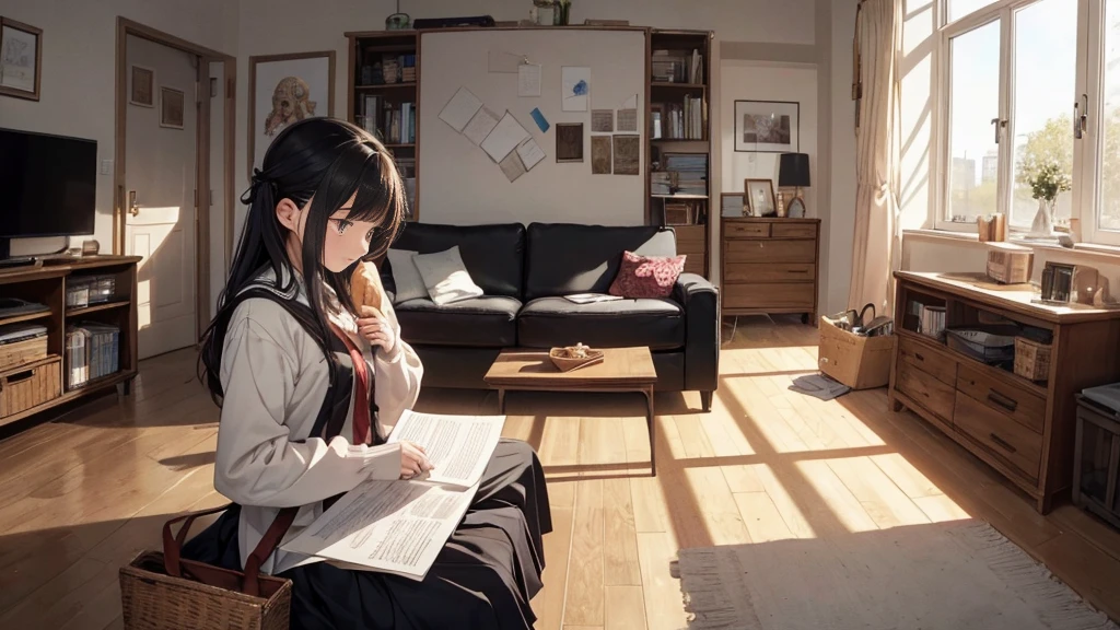8k, {best quality}, {very aesthetic}, {ultra-detailed}, {best illustration}, A high school girl panics because she is going to be late, Early morning living room, Hold a loaf of bread,