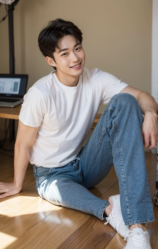 The 28-year-old refreshing and handsome korean man in studio, in studio, jeans, sneakers, smile,(real photos)(Natural light on face)、korean 28-year-old man, white t-shirt, muscular、(top quality)、Super detailed、(masterpiece)、 Ultra high quality、(masterpiece)、Ultra high quality、very beautiful hair、bright photos、As handsome as a model、As handsome as an ido
