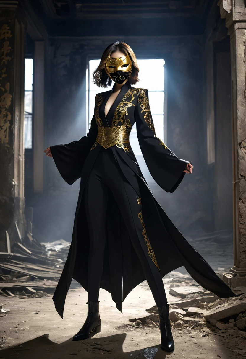 1girl, (shapely body), (solo), 19 years old, hdr, suit, Hwa Ryun stands in the semi-darkness of a ruined building surrounded by opponents. Her black robe sticks to her body, as if taking on a shadow, and the golden patterns on her mask shine in the dim light. Sharp, elegant blades flash in her hands.