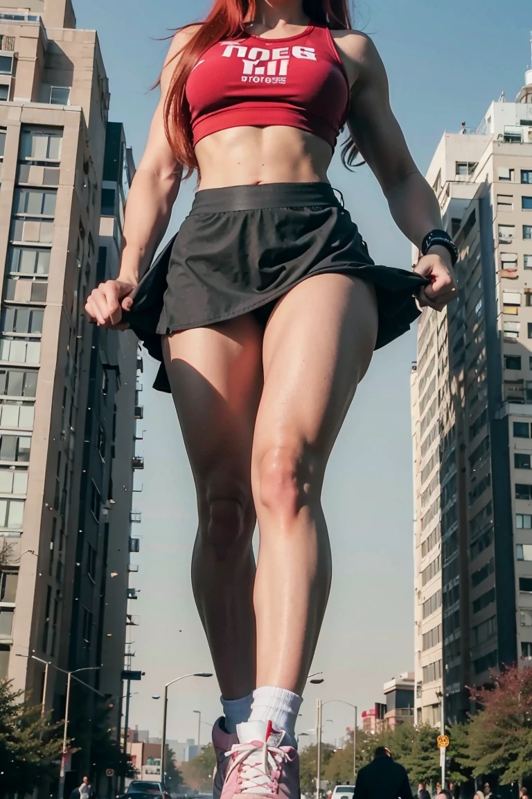 Towering redhaired girl, midriff, long legs, red bow, toned arms, smug, toned abs, crop top, fingerless gloves, skirt, pink converse shoes, GTS, GTSCity, Looming, Rampage, Stepping, pleasure, excited,Sequential images, expansion, muscle gain, pink clothes