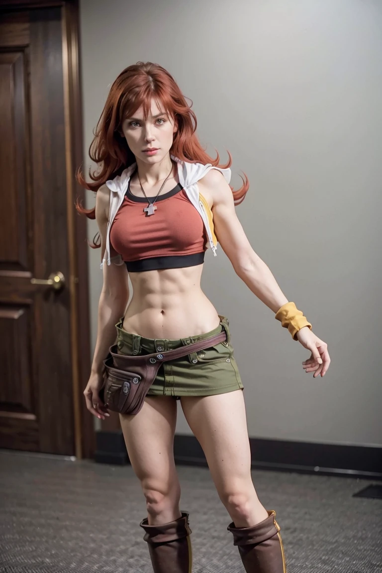Low view perspective, redhaired girl as a superheroine, straight redhaired, bangs, skirt, super powerful, pink eyes, midriff, riding boots, white socks, toned arms, toned abs, tall and sexy, powerful, superb face, perfect body, tall, happy, smug, large chest, choker collar, 20yo, toned abs, evil smirk
