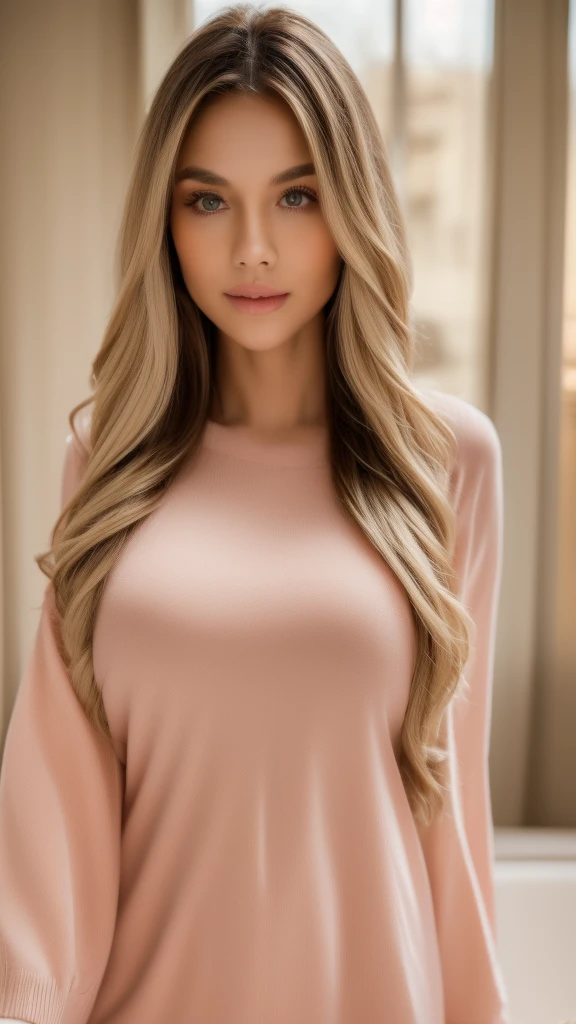 a cute girl wearing a cozy soft pink sleeve sweatshirt, beautiful detailed eyes, beautiful detailed lips, extremely detailed face, longeyelashes, warm lighting, soft diffused lighting, intricate detailed texture, highfashion, elegant, serene peaceful expression, (best quality,4k,8k,highres,masterpiece:1.2),ultra-detailed,(realistic,photorealistic,photo-realistic:1.37),cinematic lighting, natural soft lighting, warm tones, soft colors, delicate details, portrait