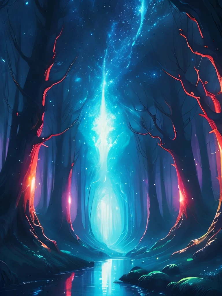 a painting of a forest with a river and stars in the sky, digital art inspired by Cyril Rolando, tumblr, fantasy art, magical forest, magical fantasy forest, magical background, magical forest backround, glowing forest, background artwork, magical forest in the background, enchanted magical fantasy forest, magical colours and atmosphere, fantasy forest, magic fairy forest, magic forest