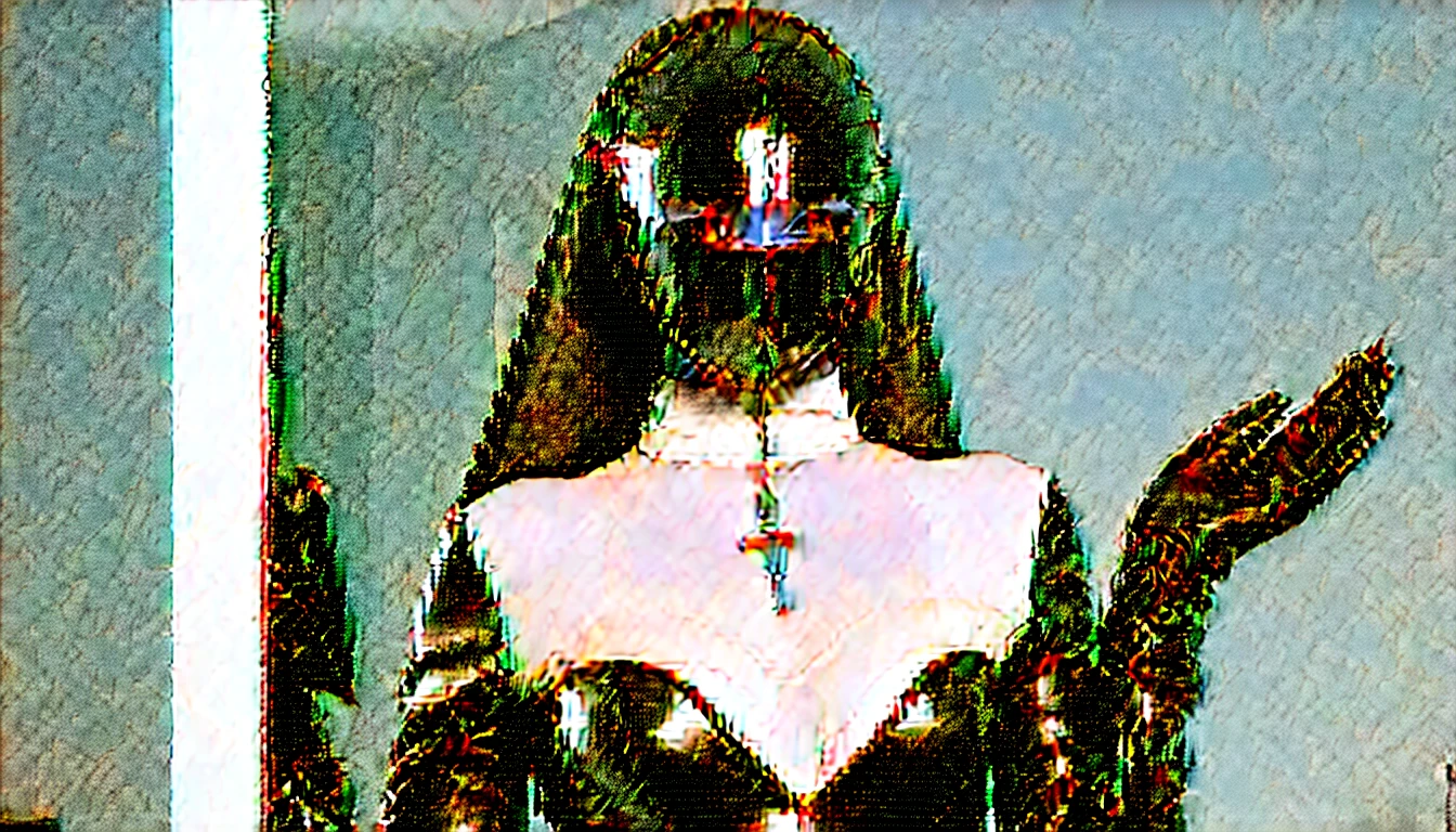 A very thin, sexy nun in a steel collar. His back is turned. She is wearing a smooth black latex mask without a face. No face. No eyes, no mouth. An empty, smooth, shiny face. She is wearing a black latex, a tight leather corset, black leather high-heeled boots and black leather gloves. He looks in the mirror. Posing in front of the mirror. Looks into it. Posing.