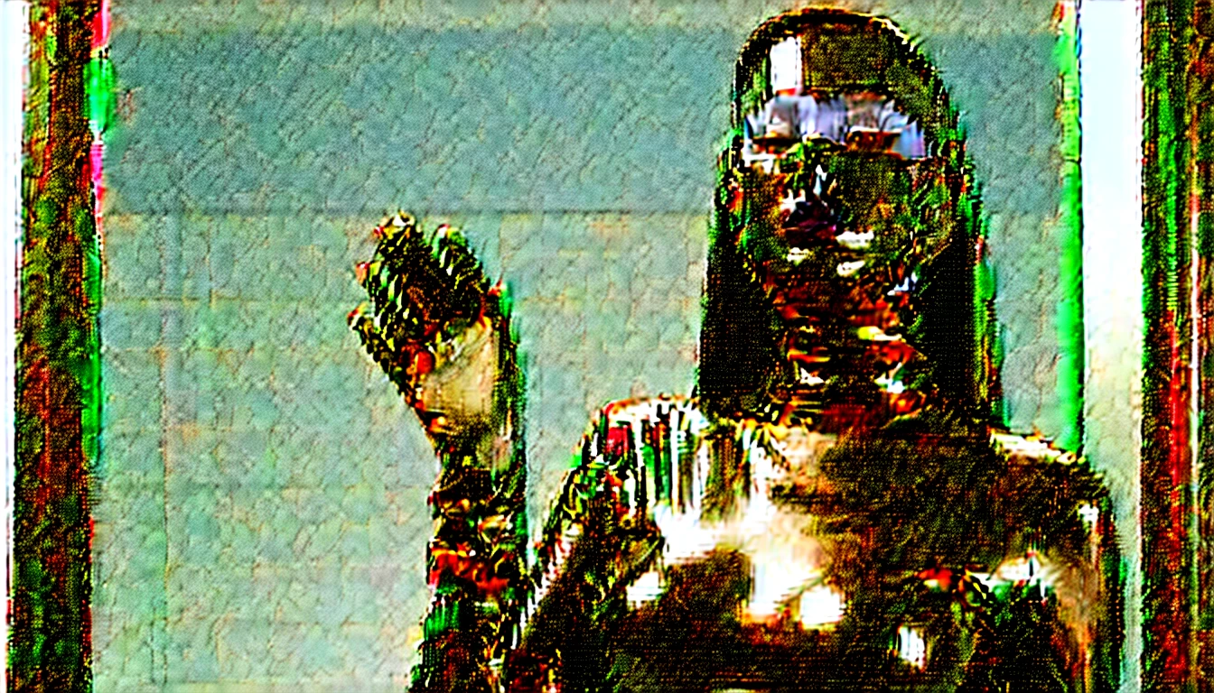 A very thin, sexy nun in a steel collar. His back is turned. She is wearing a smooth black latex mask without a face. No face. No eyes, no mouth. An empty, smooth, shiny face. She is wearing a black latex, a tight leather corset, black leather high-heeled boots and black leather gloves. He looks in the mirror. Posing in front of the mirror. Looks into it. Posing.