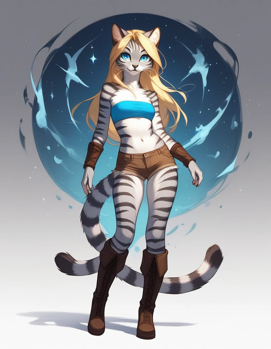 score_9, score_8_up, score_7_up Anthro furry feline, Kat, silver furry body, grey striped body, blonde hair, blue eyes, long blonde hair, standing, neutral pose, white background, wearing blue bandeau, brown short shorts, brown boots, full body shot