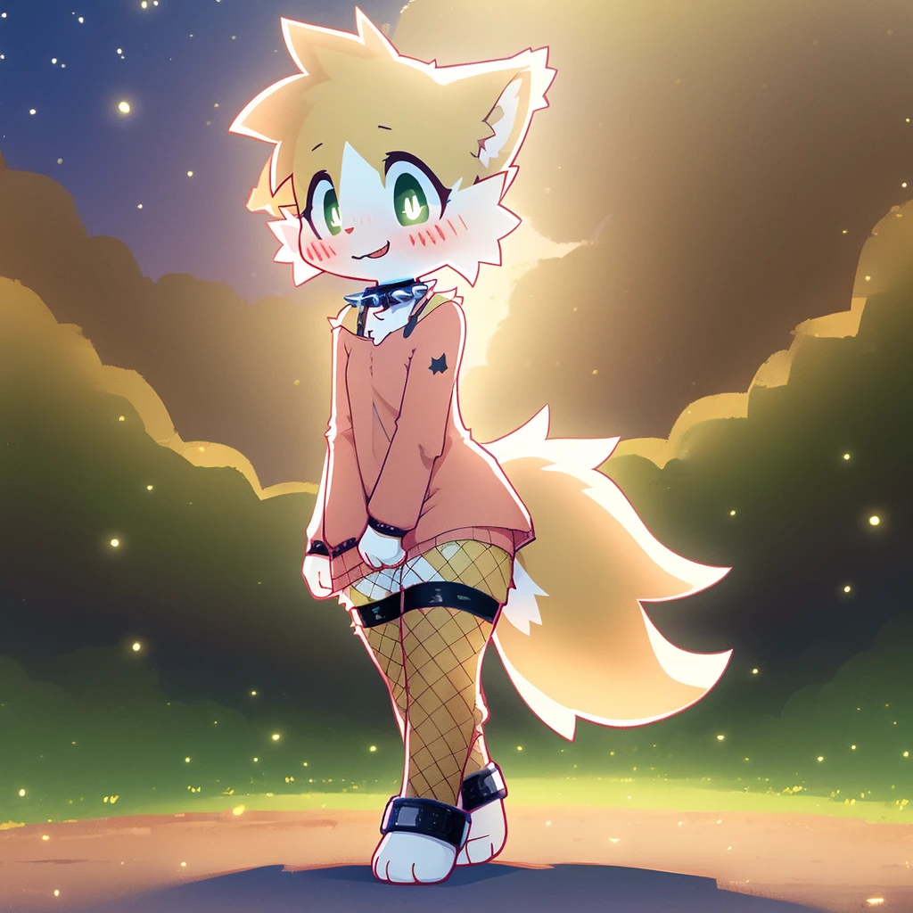 art by dagasi, (solo:1.5), Best Quality, Masterpiece, (Absurdres:), Detailed, Ultra-Detailed, Digital Art, correct anatomy, arms in correct position, full body, (high quality, high res, 4k:1.2), (kid:1.5), (small, youthful), rolo, furry, small, (kid female:1.3), fluffy, light orange fur, green cat eyes, (beautiful eyes), juicy thighs, flushed, embarrassed, small nervous smile, blushing, fluffy tail, eyelashes, slightly enjoying, walking through the park, on a very dark night, very little lighting, only wearing fishnet stockings, (wearing fishnet sleeves:1.2), (red collar:1.2), (spiked collar:1.1)