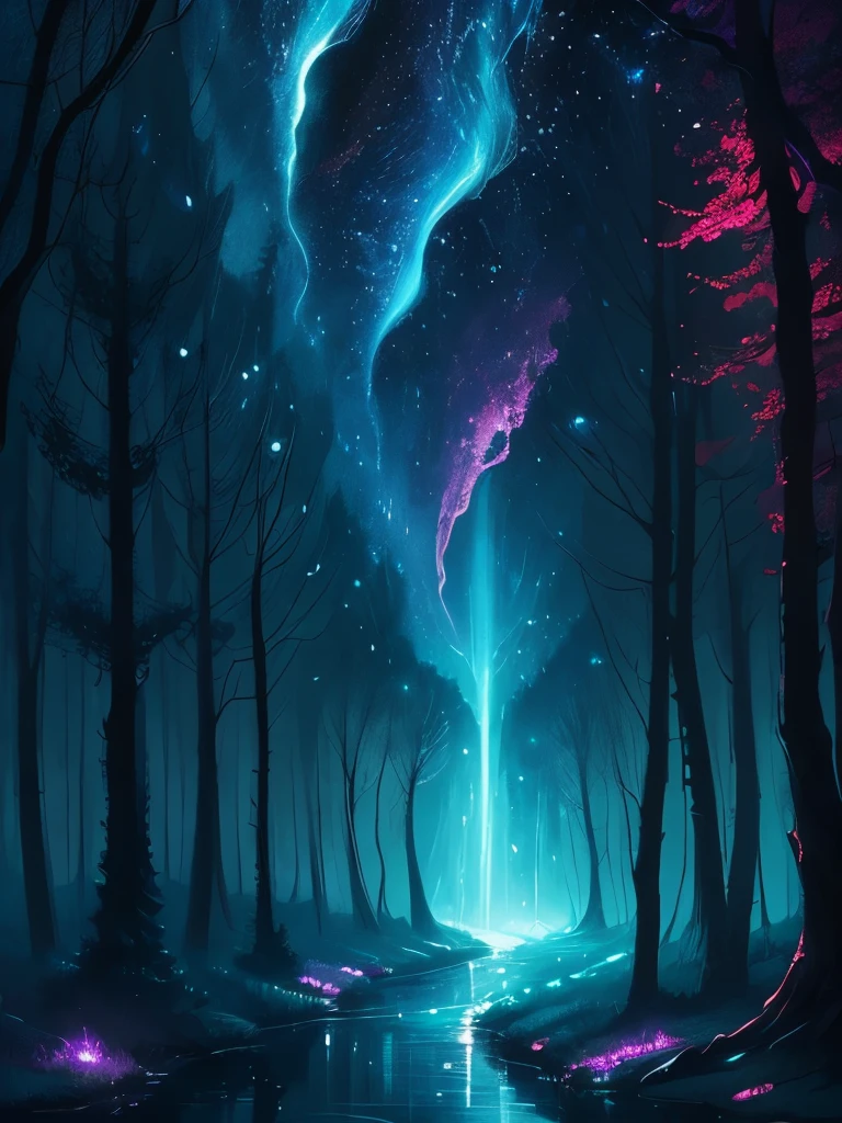 a painting of a forest with a river and stars in the sky, digital art inspired by Cyril Rolando, tumblr, fantasy art, magical forest, magical fantasy forest, magical background, magical forest backround, glowing forest, background artwork, magical forest in the background, enchanted magical fantasy forest, magical colours and atmosphere, fantasy forest, magic fairy forest, magic forest