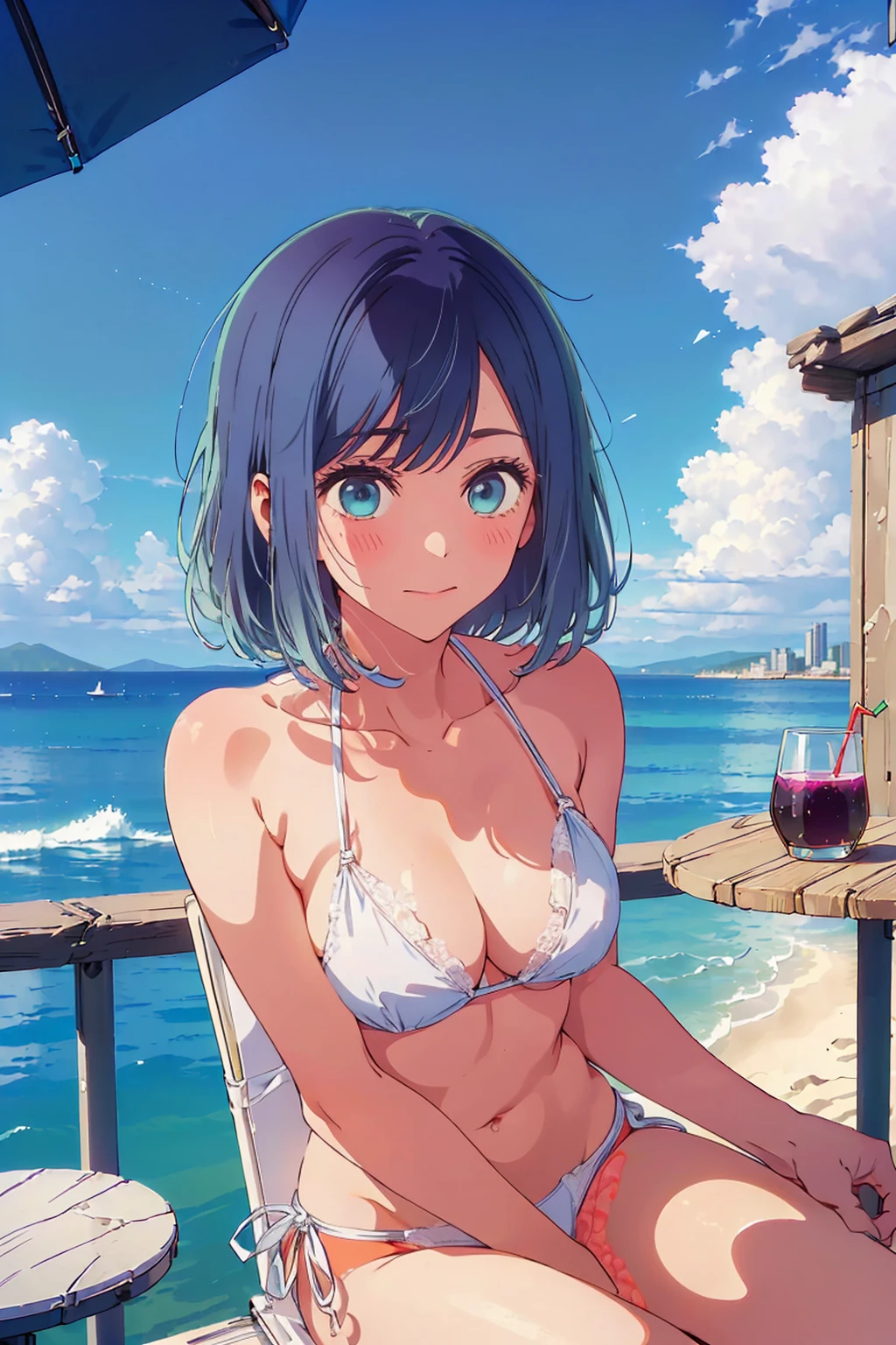 (Highest quality:1.4、8k:1.4,detailed),F cup bust、Big Breasts、Slim and beautiful arms、Slim body、Very white beautiful skin、((((1 person、smile、Swimwear、smile、sit、Chair、In the background are the urban buildings of Tokyo、Outdoor café terrace、coastal、Navy hair color、juice、Cheek cane on table、She is wearing a white side-string high-leg bikini、Get up close and take a photo、Very cute face))))、looking at the camera、Very beautiful face、Very blue sky、A completely cloudless sky、She tilted her head slightly、The atmosphere is bright and lively、The woman is at the center of the image。