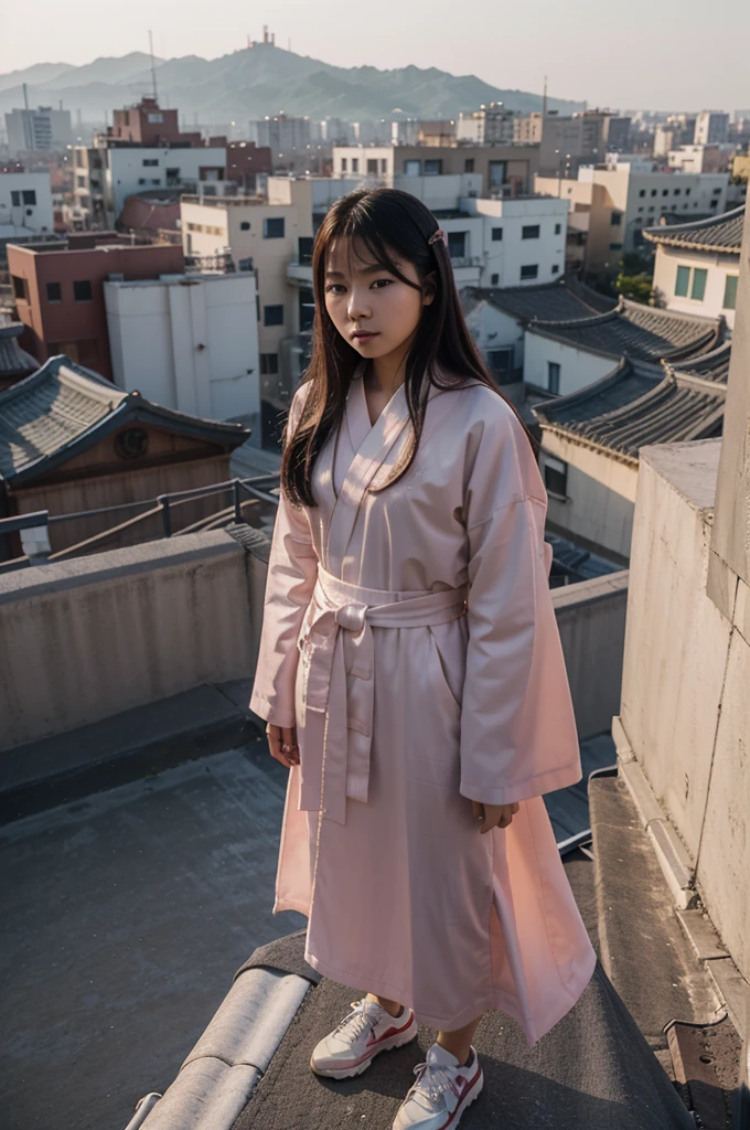 Arafi woman standing on the roof overlooking the city, Ulzan, Korean Girl, Portrait of a Japanese ager, Wearing long, flowing clothes, 🤤 Girl Portrait, Chiho, Yoshitomo Nara, Portrait of Blackpink member Jossi, Young Asian Girl, 8K matte, Electronic Girl, Electronic Girl