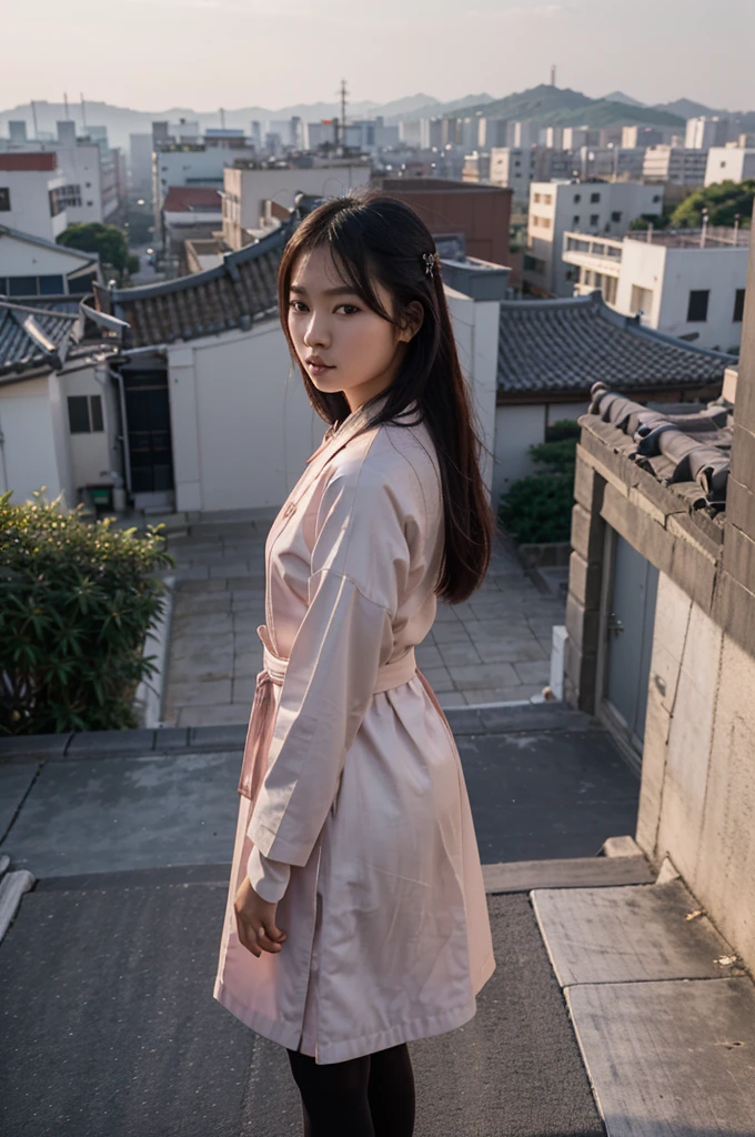 Arafi woman standing on the roof overlooking the city, Ulzan, Korean Girl, Portrait of a Japanese Teenager, Wearing long, flowing clothes, 🤤 Girl Portrait, Chiho, Yoshitomo Nara, Portrait of Blackpink member Jossi, Young Asian Girl, 8K matte, Electronic Girl, Electronic Girl