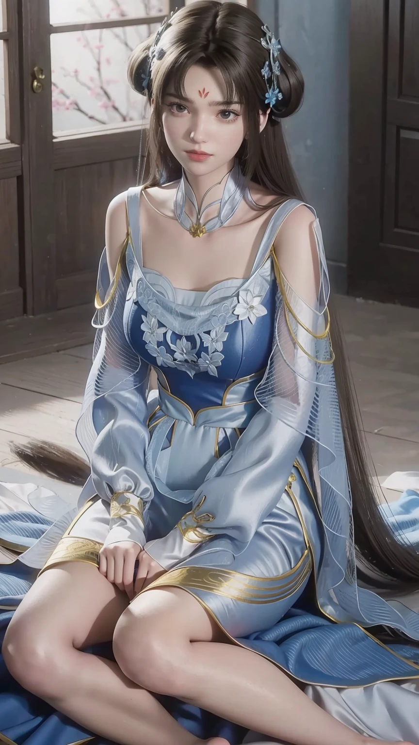 a beautiful young woman with long hair, wearing a nightgown, sitting on a bed, barefoot, in a dress, lying on her side, cross-legged, full body shot, (best quality,4k,8k,highres,masterpiece:1.2),ultra-detailed,(realistic,photorealistic,photo-realistic:1.37),beautiful detailed eyes,beautiful detailed lips,extremely detailed eyes and face,longeyelashes,natural lighting,warm tones,soft focus,portraits,chiaroscuro,depth of field