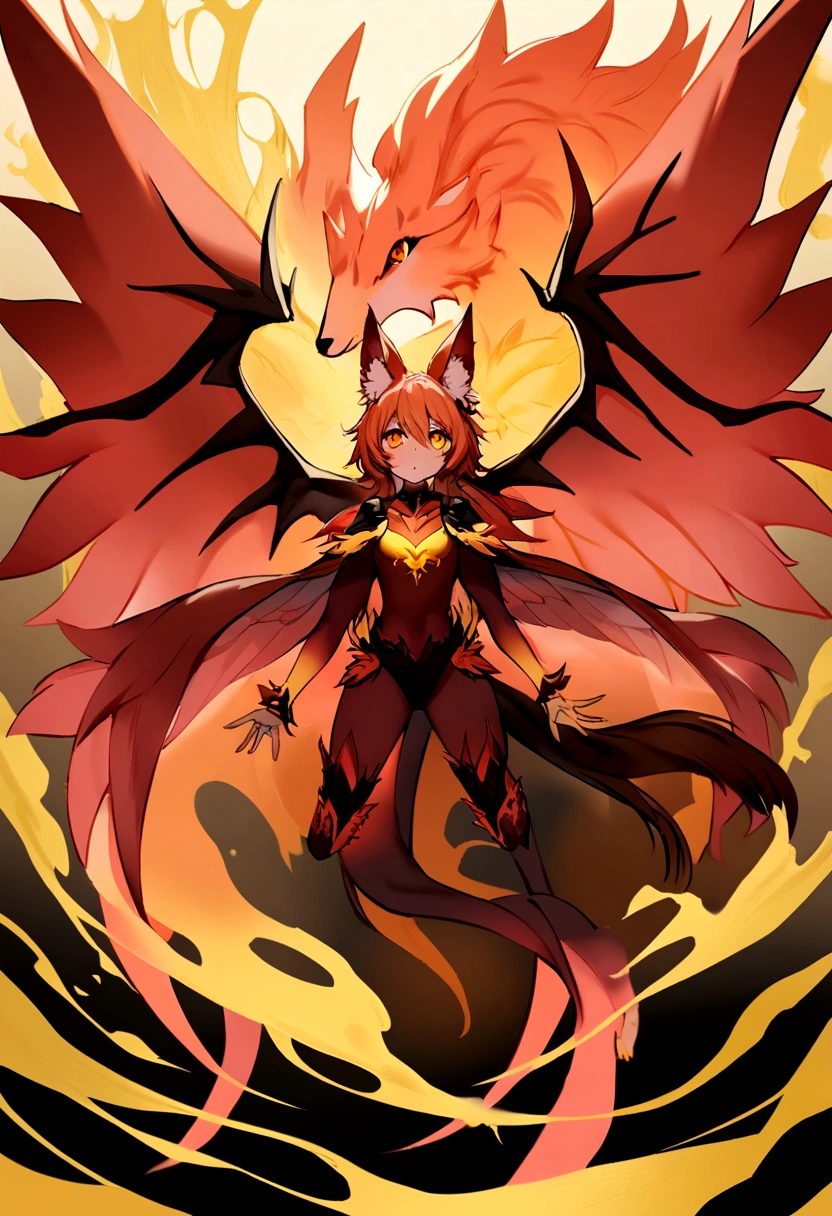 The salamander that like a flying fox and a lion , flying fox wings , 4 legs , ears , hair , yellow liquid pink aura , orange pink eyes , red scale , scarft , not a human