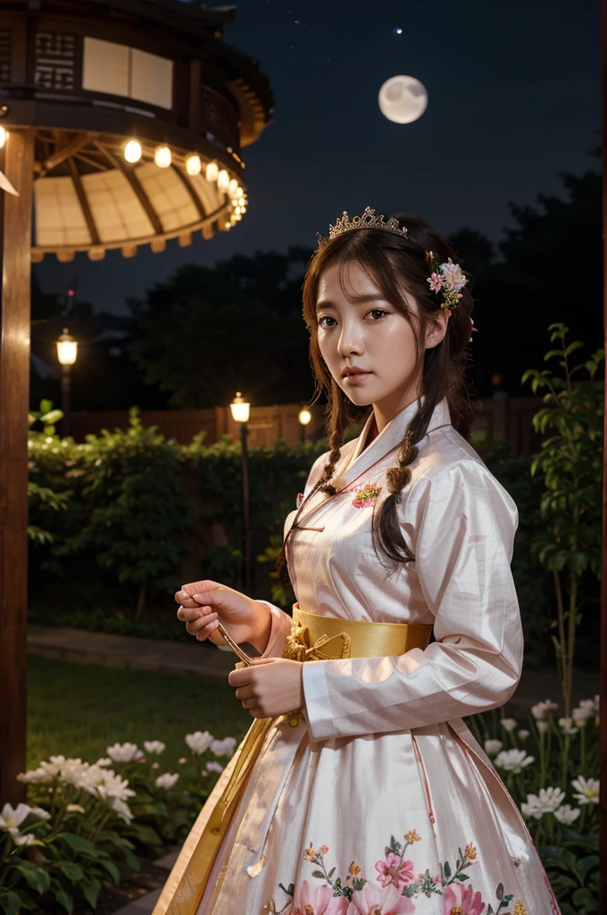 best quality, high_resolution, distinct_image, detailed background ,girl, hanbok,flower,garden,moon, night,dutch angle, wide shot, crown,