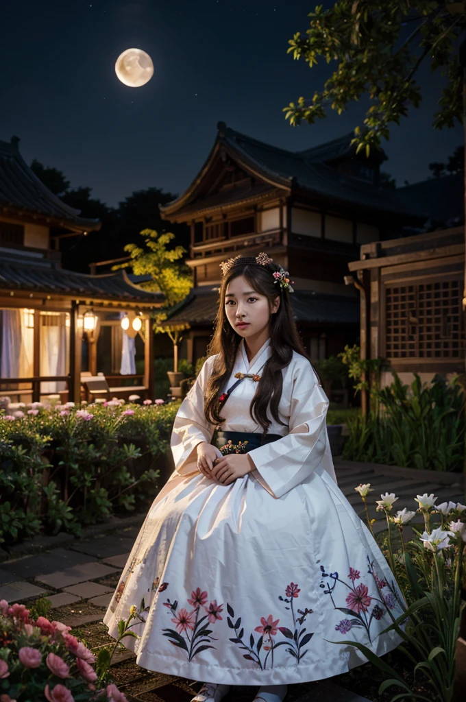 best quality, high_resolution, distinct_image, detailed background ,girl, hanbok,flower,garden,moon, night,dutch angle, wide shot, crown,