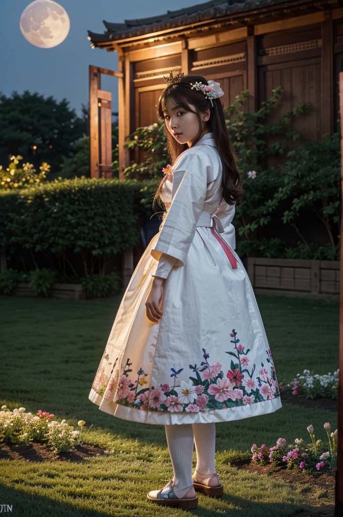 best quality, high_resolution, distinct_image, detailed background ,girl, hanbok,flower,garden,moon, night,dutch angle, wide shot, crown,