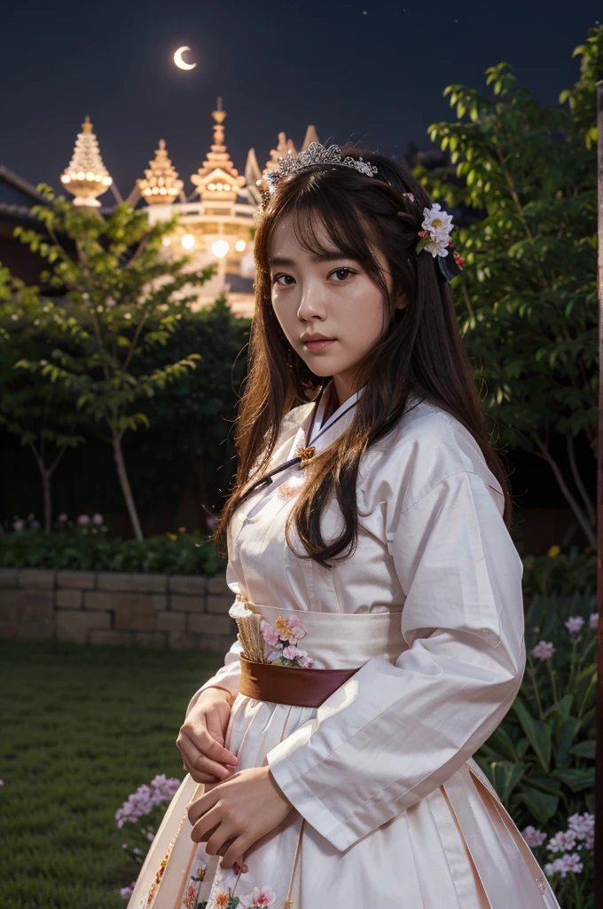 best quality, high_resolution, distinct_image, detailed background ,girl, hanbok,flower,garden,moon, night,dutch angle, wide shot, crown,
