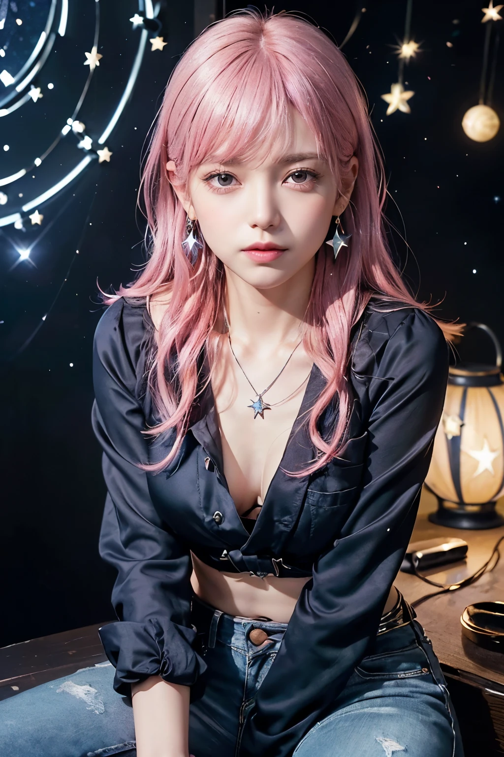  (8K, top-quality, masterpiece:1.2), (reallistic, Photorealsitic:1. 37), Super Detail, One girl,), (Highly detailed), (beautifully detailed eyes), (of the highest quality), (super detailed ), (masterpiece), (Detailed face),20yr old, ,1 girl, ((pink hair,long hair)), medium breasts, clothed, Perfect Lighting, BREAK, (deep navy and silver:1.3), (luxurious fabrics:1.2), (lightweight down jacket:1.2), (silver trim on hood and pockets:1.2), (elegant navy blue blouse:1. 3), (starry accents on sleeves:1）, (skinny jeans:1.2), (stretch fabric:1.1), (elegant and slim silhouette:1.2), (starry details on pockets:1.2), (black silk socks:1. 1), (black sneakers with silver sole and logo:1.1), (star and moon accessories:1.2), (silver jewelry:1.1), (star earrings:1.1), (moon phase necklace:1. 1), BREAK, (from upper body to thighs:1.1), (pink-haired beauty:1.2), (long hair with gentle waves:1.2), (side-swept bangs:1.1), (soft smile:1.2), (gentle and happy expression:1. 3), (hands resting on hips:1.1), (upper body turned slightly towards the stall:1.1), (summer festival food stall:1.3), (colorful lanterns:1.2), (starry night sky background:1.5), (warm lighting from the stall:1.2), (mysterious silhouette of the model:1.2), (highlight on pink hair:1.1)