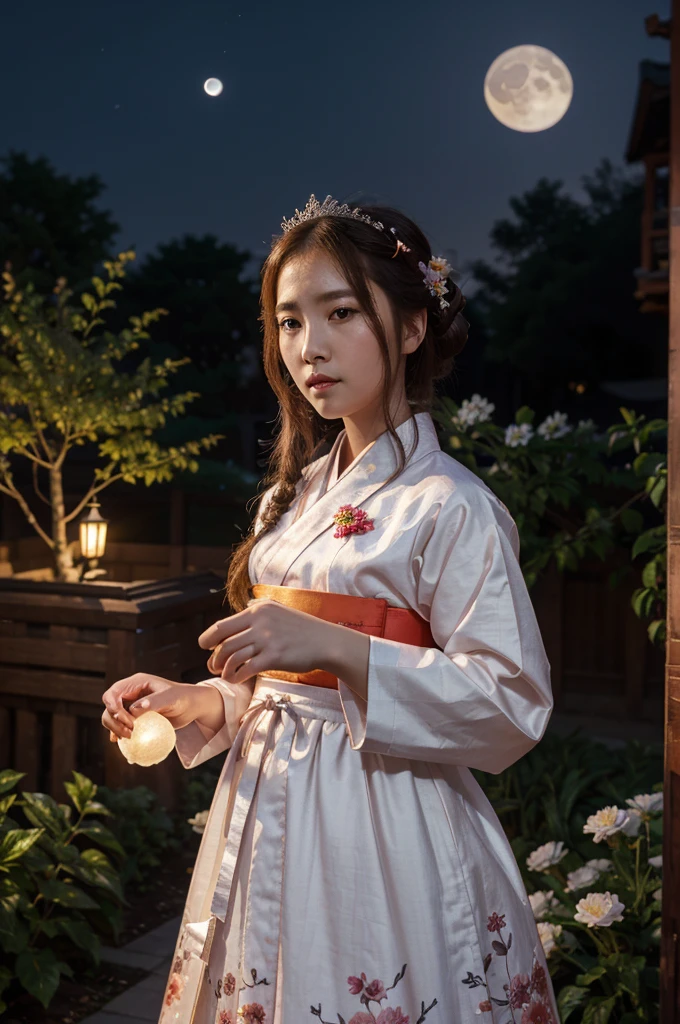 best quality, high_resolution, distinct_image, detailed background ,girl, hanbok,flower,garden,moon, night,dutch angle, wide shot, crown,  