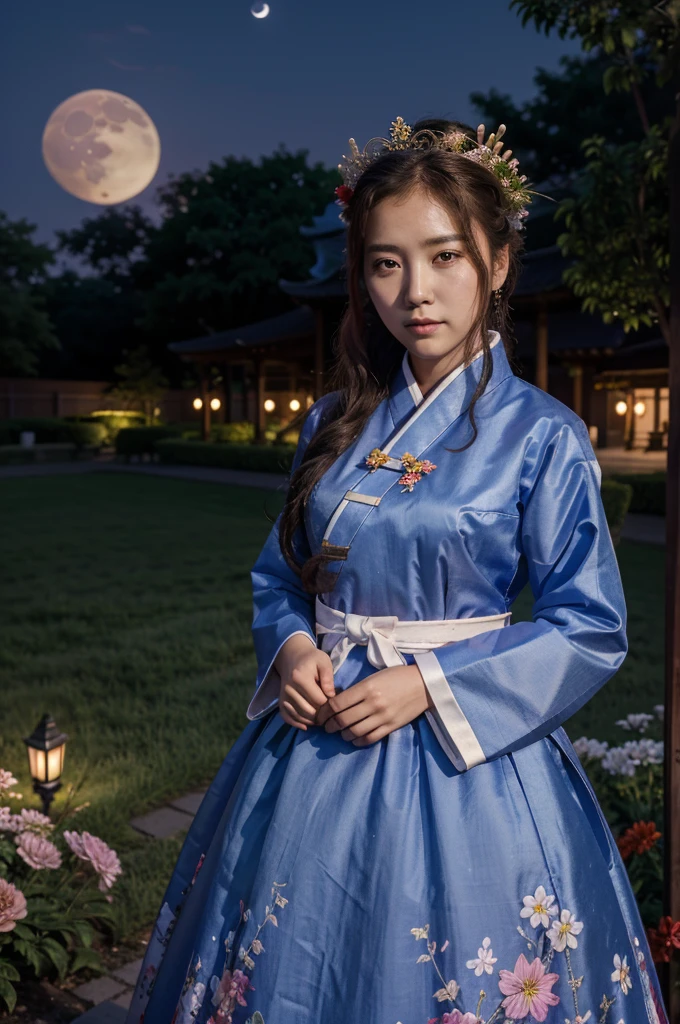 best quality, high_resolution, distinct_image, detailed background ,girl, hanbok,flower,garden,moon, night,dutch angle, wide shot, crown,