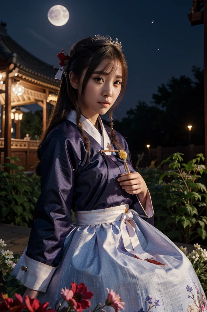 best quality, high_resolution, distinct_image, detailed background ,girl, hanbok,flower,garden,moon, night,dutch angle, wide shot, crown,