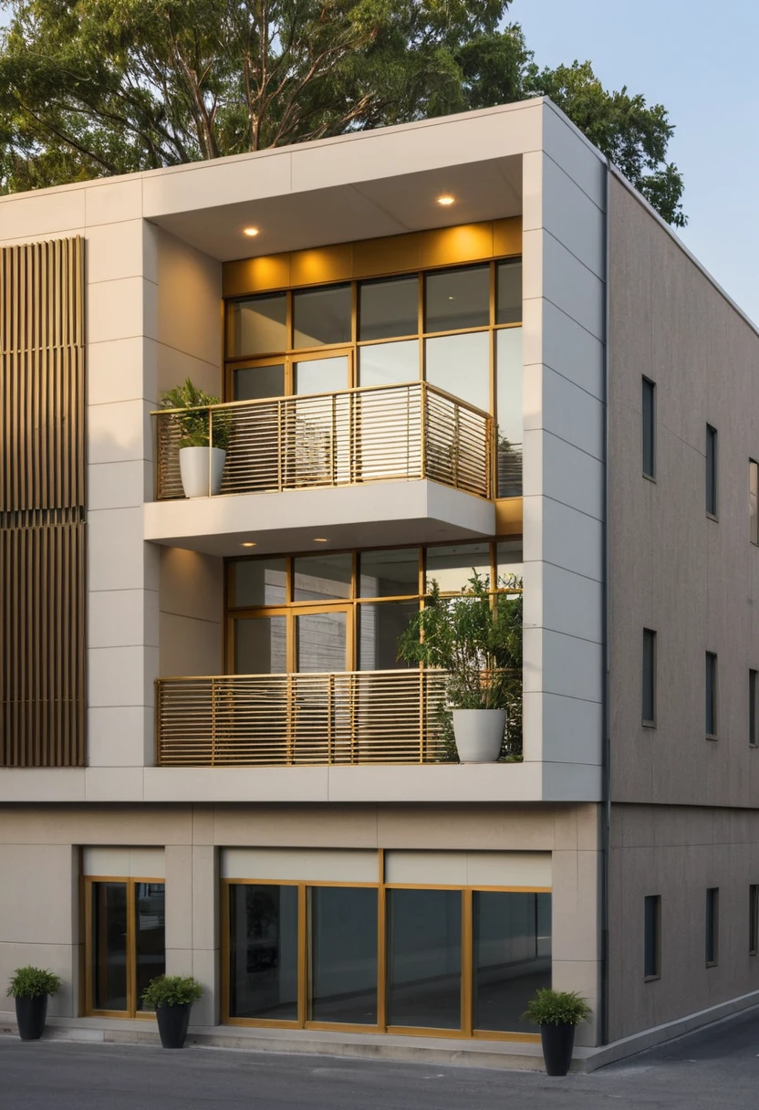 Raw photo,Masterpiece, high quality, best quality, authentic, super detail, modern style, aiaigroup,office building, decorative bars, decorative louvers, sun louvers, aluminum wall cladding, gold aluminum, outdoors, tree, building, scenery, city, road, real world location, treet, window, balcony, railing, minimalist line, daylight, realistic