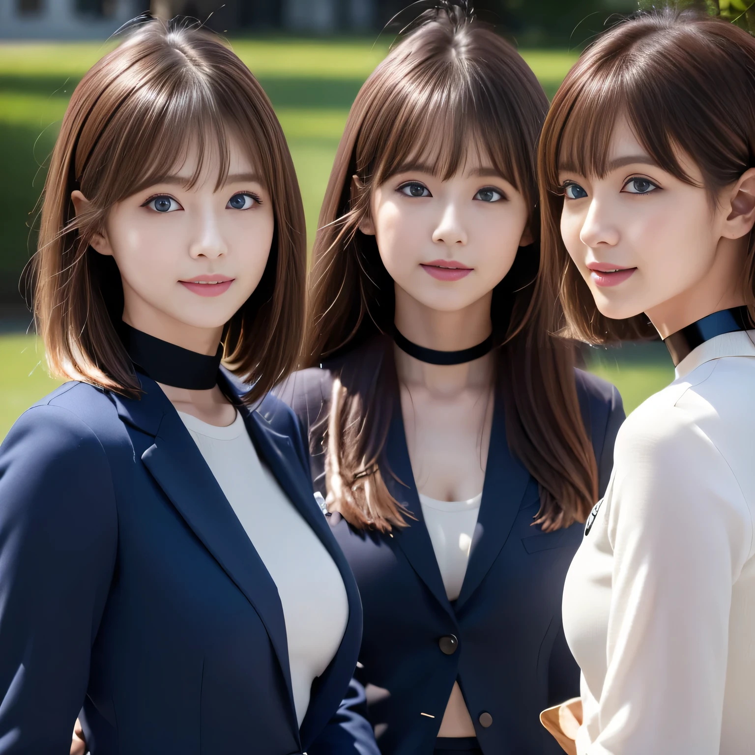 ((Highest quality, 8k, Representative works in detail, Ultra-high resolution)), (Looking at the audience), ((Female employees and others sitting and talking at Grass Square)), Attractive women, ((Big Breasts)),  smile, ((Black Choker)), Slim figure, (Blue Eyes), Long eyelashes, bangs, Beautiful shiny brown hair, Nogizaka idol, Slim face、((business suit))、Dependents、Female Employee、Grass Square、blue sky、((Chatting３people、During a break))