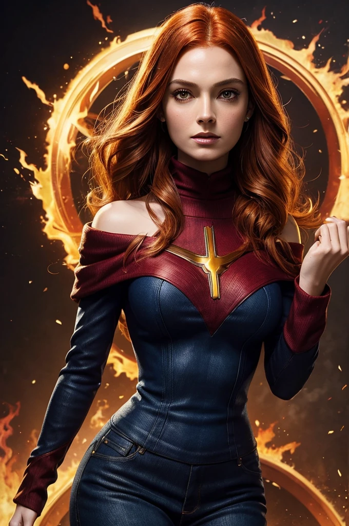Jean grey, dark phoenix ((best quality)), ((masterpiece)), (detailed), 1girl, off-shoulder sweater,