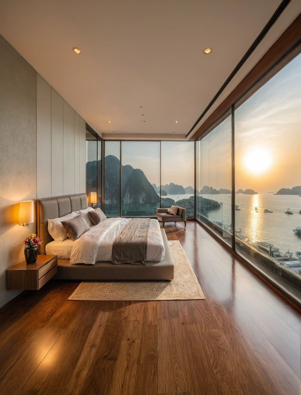 Raw photo,Masterpiece, high quality, best quality, authentic, super detail, interior, indoors, ((bedroom style modern luxury)), view sea halong bay , sunset, day light, bed, lamp, carpet, bedside cabinets, flower vase, wooden floor ,glass windows, downlight, armchair and tea table, air conditioner cover