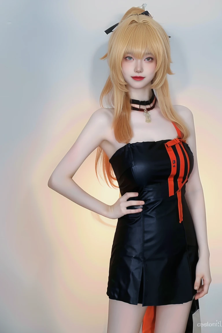 best quality, tmasterpiece,Ultra-high resolution,Clear face,（Reality：1.4），ferpect lighting，(upper body shot:1.5), (photorealistic:1.50), anime wallpaper, Guviz style artwork, cover-up fantasy up to magic , by Yang J, Guviz, beautiful artwork illustration, beautiful digital artwork, beautiful digital illustration, Li Song, beautiful anime portrait, art style in Beauvot,1girl, solo, long hair, blonde hair, Ponytail hair, Hair ribbon, Red ribbon, Bangs, hair ornament, (black dress:1.3), short dress, Thigh, standing,
