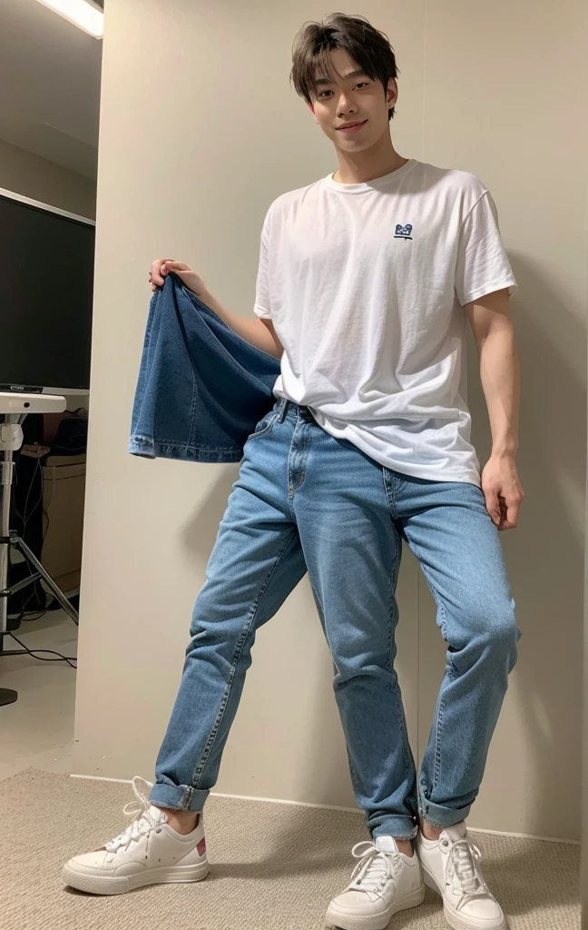 The 28-year-old refreshing and handsome korean man standing in studio, simple background, ((full body)), jeans, sneakers, smile,(real photos)(Natural light on face)、korean 28-year-old man, white t-shirt, muscular、(top quality)、Super detailed、(masterpiece)、 Ultra high quality、(masterpiece)、Ultra high quality、very beautiful hair、bright photos、As handsome as a model、As handsome as an ido