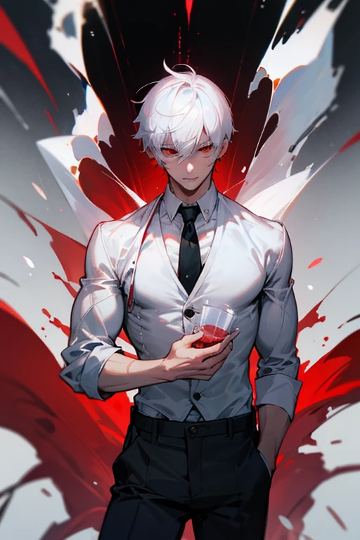 male、White Hair、Short Hair、Red Eye、Cold-blooded man、Handsome、Well-built、Cold Face、Well-formed face、服に滴るsemen、白いドロドロしたLove juice、Pants got wet、Overflowing from the crotch、Red stained ears、Looks like he's in pain、male器、ejaculation、semen、erection、Love juice、Expose、erection、大量、Wet crotch、Soaking wet、Sexy