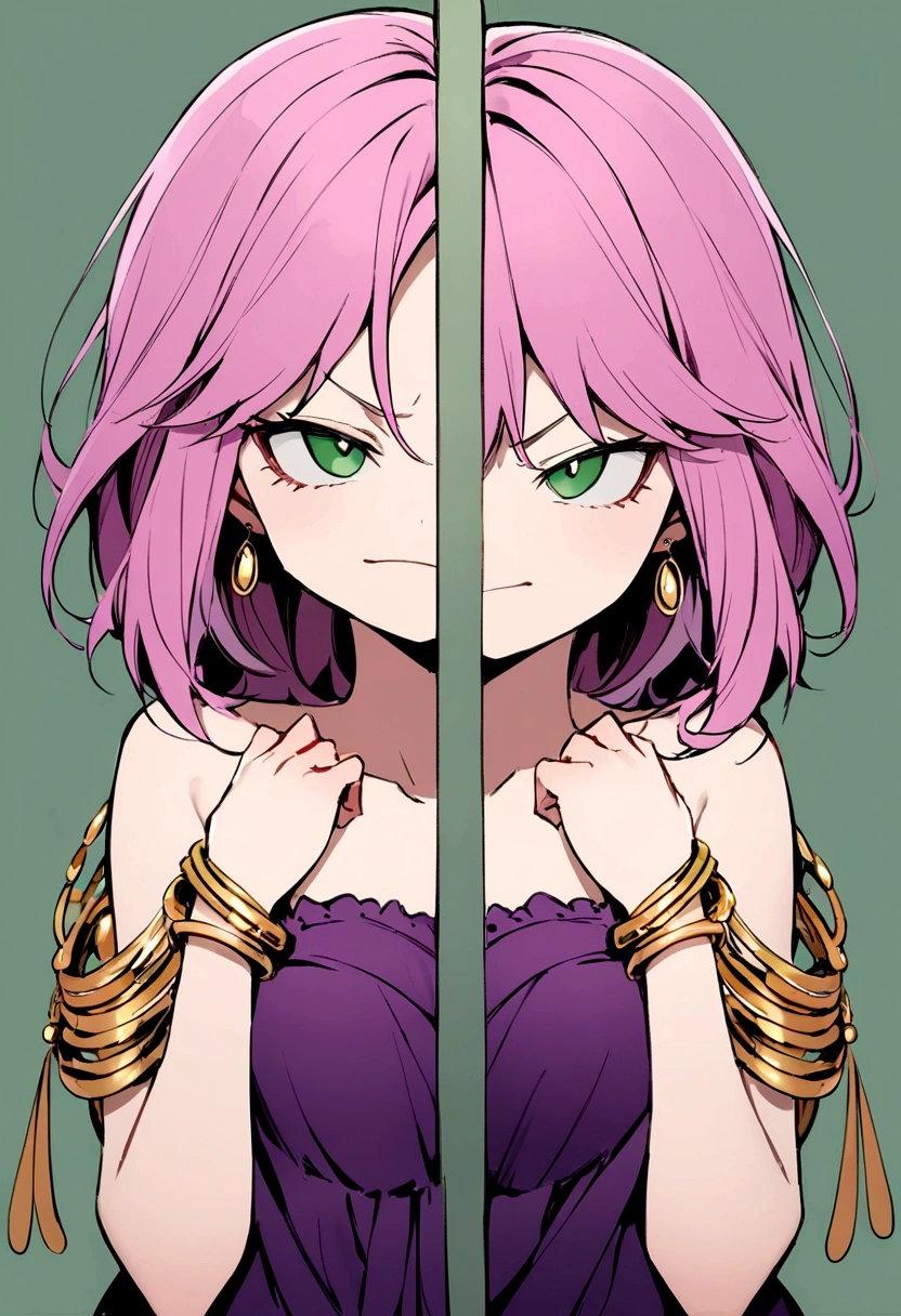 Girl with short purple-pink hair, dark green eyes, purple strapless dress, white t-shirt inside, wearing many gold bracelets, green handbag, sly face