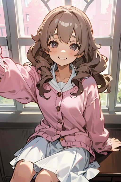 An energetic student girl with gray eyes, brown long curls, wearing a pink cardigan, sitting on a desk, white skirt, sweet expression, leaning against a glass window, midday, wide grin