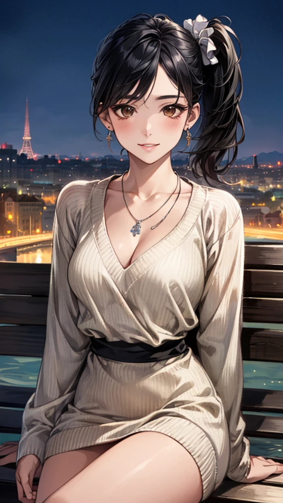 (masterpiece:1.3, Highest quality, Ultra-high resolution, Super detailed), (Realistic, photoRealistic:1.4), Beautiful illustrations, Perfect lighting, colorful, Depth of written boundary, Beautiful detailed hair, Beautifully detailed face, Beautiful fine details, Droopy eyes、Beautiful clavicle, Beautiful body, 美しいLarge Breasts, Beautiful thighs, Beautiful feet, Beautiful fingers, View Viewer、Front view:0.6, Beauty1人, Japanese, Beauty、30 years old, Perfect Face, (Perfect Anatomy, Anatomically correct), Cute and symmetrical face, Baby Face, , Shiny skin, (Khaki long sleeve knit A-line dress:1.4) (Black Hair, Side Ponytail:1.4), braided bangs、Dark brown eyes, Large Breasts, Slim body, necklace, Small earrings:1.1, (Beautiful views), (night), (city, cityscape in the distance), Riverside、Sitting on a bench, A soft smile、(Smile, Lips parted),