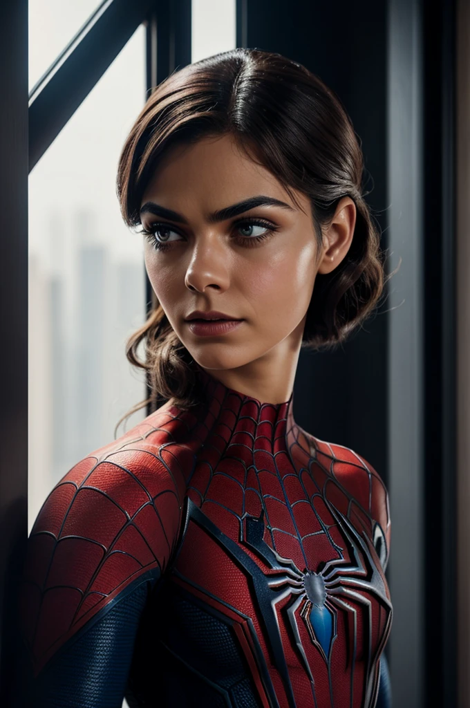 A photograph of Spider-Man., sin mascara, the 20s, elegante, cara detallada, looking to the camera, retrato, 8k hd, alta calidad