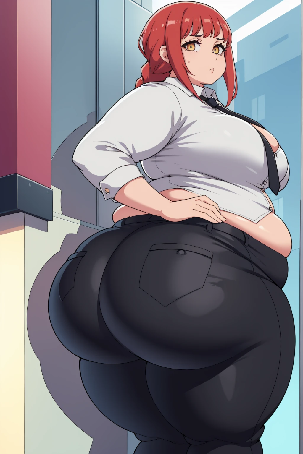 1girl, solo, large breasts, wide hips, thick thighs, huge thighs, huge ass, thick thighs, huge thighs, ass focus, looking back, looking at viewer, makima, braided ponytail, ringed eyes, collared shirt, black necktie, black pants,
