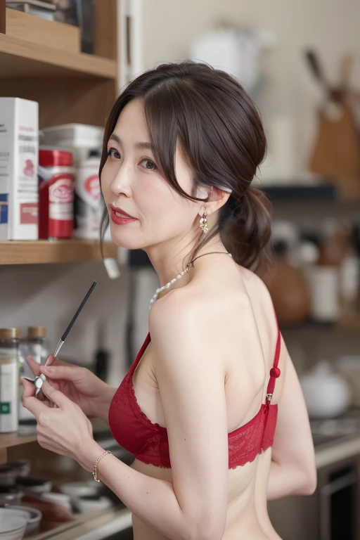 Beautiful mature Japanese woman aged 55, Married women, Fine lines, Long eyelashes, Low Ponytail, Red lipstick, Pearl Necklace, Earrings, Red lipstick, bra, panties, turn around, Butt, 突き出すButt,