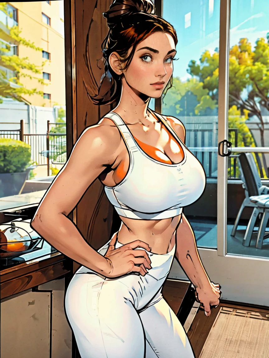 Extremely busty thin and toned brunette, gym girl, fair skin, loose updo, soft face, athletic, white and orange paneled sports bra, white and orange paneled leggings. standing by a sliding glass door, gym, windows.