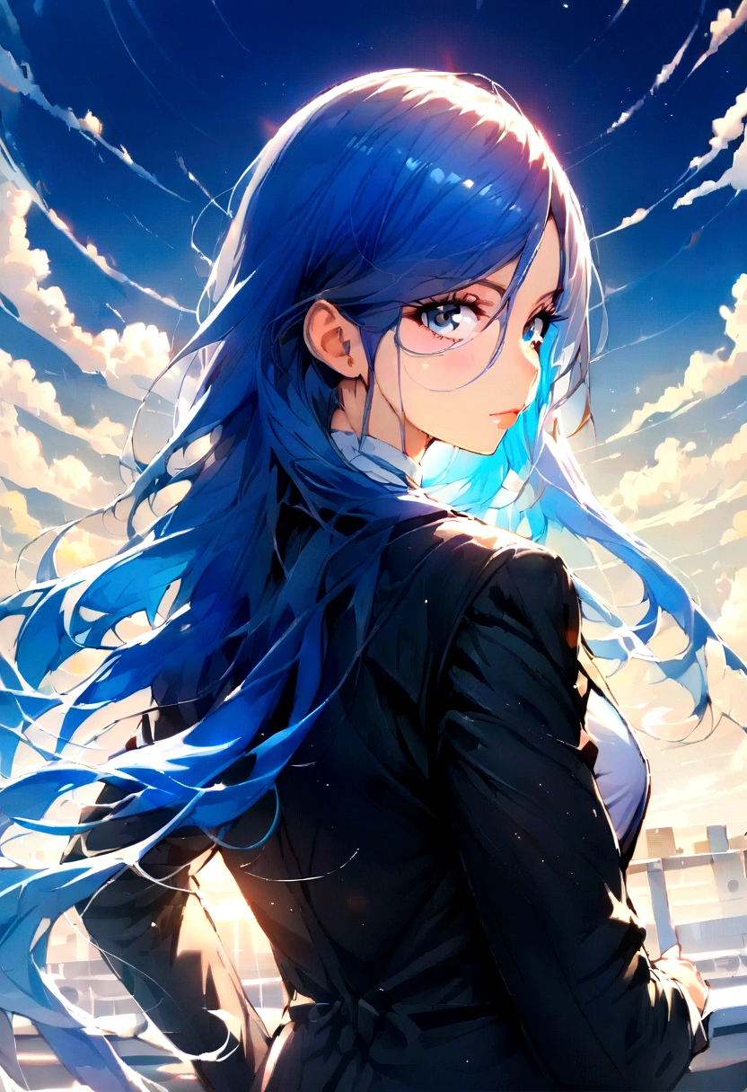 (Highest quality)(1 woman,single,long hair,blue hair,blue eyes,fit ,Black suit shirt,Turn to look at the viewer,bright morning sky background) look back