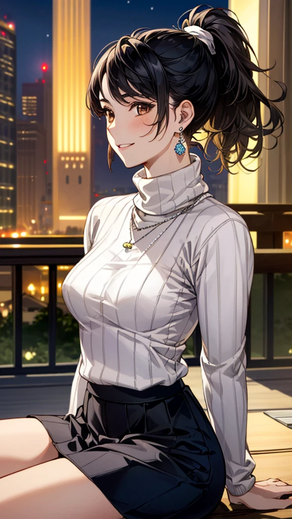 (masterpiece:1.3, Highest quality, Ultra-high resolution, Super detailed), (Realistic, photoRealistic:1.4), Beautiful illustrations, Perfect lighting, colorful, Depth of written boundary,
Beautiful detailed hair, Beautifully detailed face, Beautiful fine details, Beautiful clavicle, Beautiful body, 美しいLarge Breasts, Beautiful thighs, Beautiful feet, Beautiful fingers,
View Viewer、Front view:0.6, Beauty1人, Japanese, Beauty、30 years old, Perfect Face, (Perfect Anatomy, Anatomically correct), Cute and symmetrical face, Baby Face, , Shiny skin,
((Warm-colored turtleneck sweater:1.4)),((Long skirt 1.5))
(Black Hair, ponytail:1.4), braided bangs、Dark brown eyes, (Large Breasts), Slim body,
necklace, (Small earrings:1.3),
(Beautiful views), (night), (city, cityscape in the distance), Sitting on a bench, A soft smile、(Smile, Lips parted),