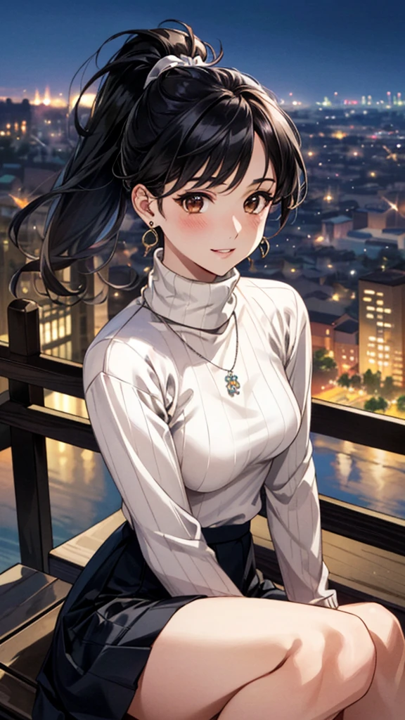 (masterpiece:1.3, Highest quality, Ultra-high resolution, Super detailed), (Realistic, photoRealistic:1.4), Beautiful illustrations, Perfect lighting, colorful, Depth of written boundary,
Beautiful detailed hair, Beautifully detailed face, Beautiful fine details, Beautiful clavicle, Beautiful body, 美しいLarge Breasts, Beautiful thighs, Beautiful feet, Beautiful fingers,
View Viewer、Front view:0.6, Beauty1人, Japanese, Beauty、30 years old, Perfect Face, (Perfect Anatomy, Anatomically correct), Cute and symmetrical face, Baby Face, , Shiny skin,
((Warm-colored turtleneck sweater:1.4)),((Long skirt 1.5))
(Black Hair, ponytail:1.4), braided bangs、Dark brown eyes, (Large Breasts), Slim body,
necklace, (Small earrings:1.3),
(Beautiful views), (night), (city, cityscape in the distance), Sitting on a bench, A soft smile、(Smile, Lips parted),