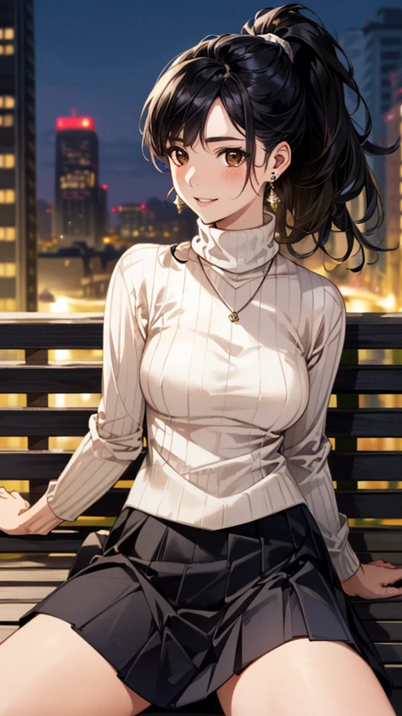 (masterpiece:1.3, Highest quality, Ultra-high resolution, Super detailed), (Realistic, photoRealistic:1.4), Beautiful illustrations, Perfect lighting, colorful, Depth of written boundary,
Beautiful detailed hair, Beautifully detailed face, Beautiful fine details, Beautiful clavicle, Beautiful body, 美しいLarge Breasts, Beautiful thighs, Beautiful feet, Beautiful fingers,
View Viewer、Front view:0.6, Beauty1人, Japanese, Beauty、30 years old, Perfect Face, (Perfect Anatomy, Anatomically correct), Cute and symmetrical face, Baby Face, , Shiny skin,
((Warm-colored turtleneck sweater:1.4)),((Long skirt 1.5))
(Black Hair, ponytail:1.4), braided bangs、Dark brown eyes, (Large Breasts), Slim body,
necklace, (Small earrings:1.3),
(Beautiful views), (night), (city, cityscape in the distance), Sitting on a bench, A soft smile、(Smile, Lips parted),