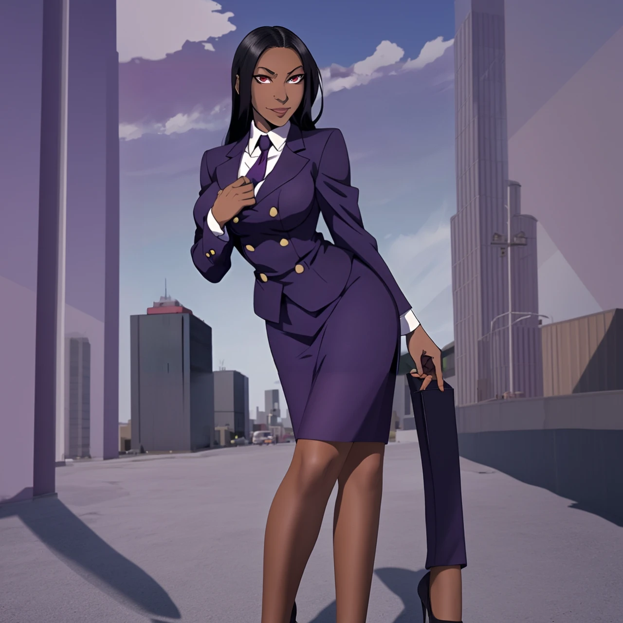 Black anime business woman in a purple skirt suit