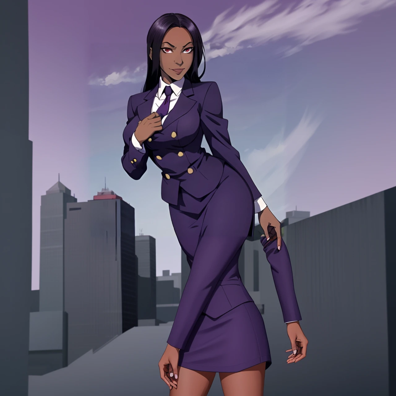 Black anime business woman in a purple skirt suit