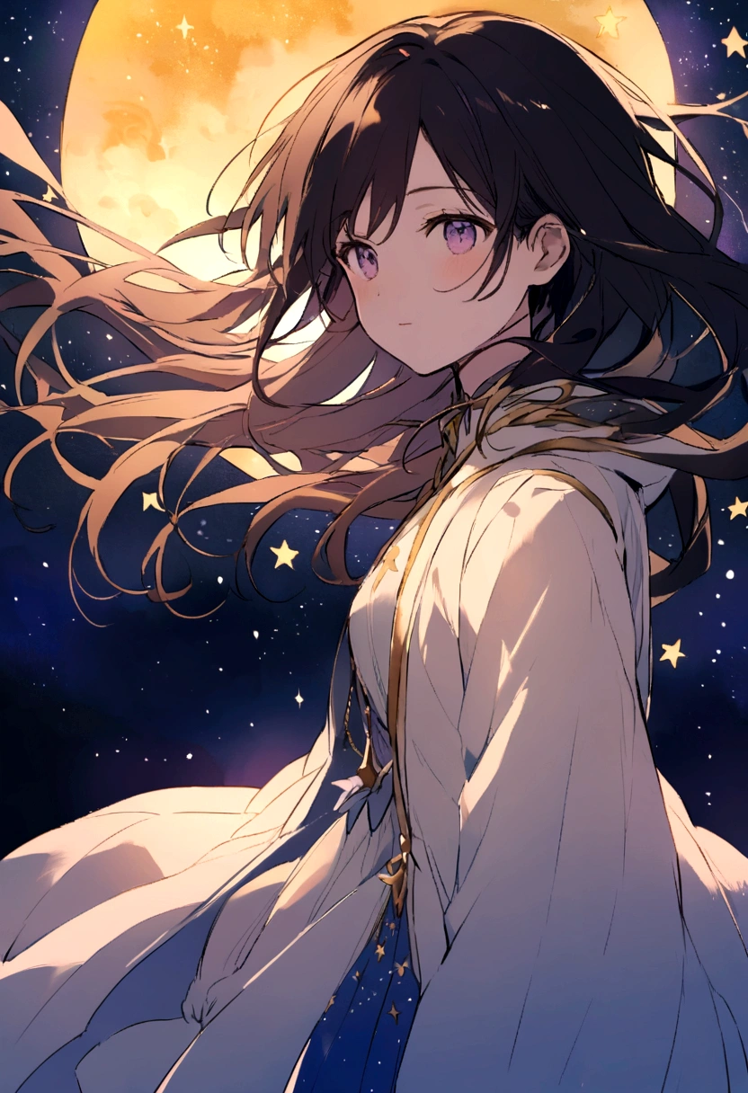 A dark-haired girl in a tight white jacket，Cold style，Lilac and Gold，avant-garde，Soft edges，Against the backdrop of dusk，There are some stars in the distance