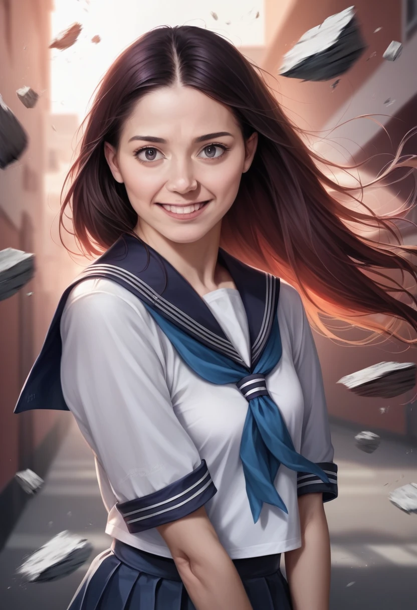 1 girl, (Please wear your high school uniform:1.2), (13 years old:1.5), (original Cai Neihua), Young Face, Cute face, (RAW Photos, highest quality), (Realistic, Photorealistic:1.4), Flying debris, Sharp focus, Very delicate and beautiful, Very detailed, 2k wallpaper, wonderful, finely, Very detailed CG Unity 8K wallpaper, Very detailed, High resolution, Soft Light, Beautiful detailed girl, Very detailed目と顔, Beautiful and detailed nose, Beautiful and detailed, Blake Springs Street Corner, Cinema Lighting, Perfect Anatomy, Slender body, Straight and long, Long Hair, Parted bangs, An innocent smile, (Looking at the audience),Her mouth is half open and she has an ecstatic look on her face.、Place both palms under the chin