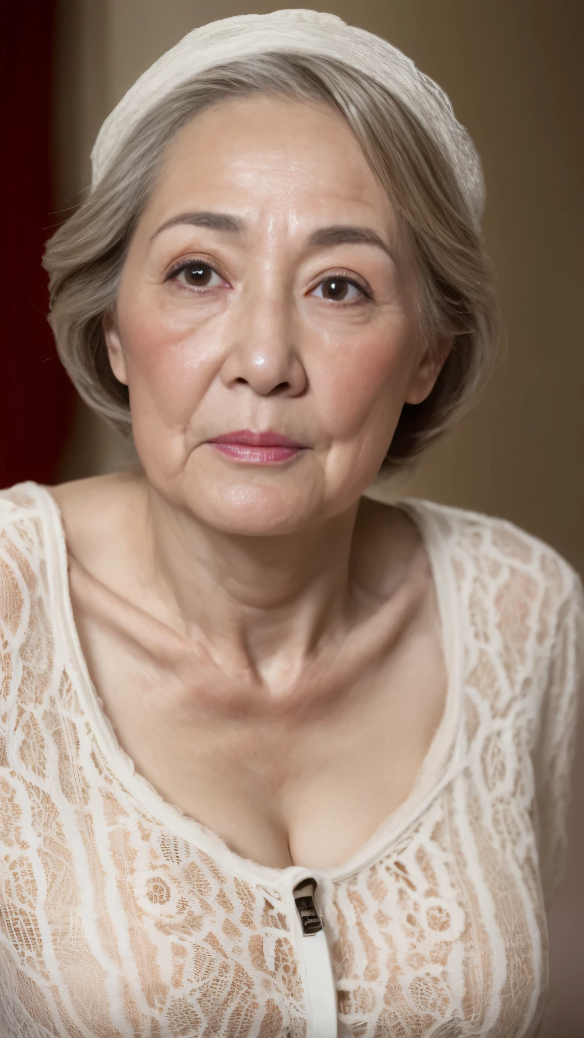 Late Elderly, gravure, Face close-up, Heavy makeup, Highest quality, Super detailed, Realistic, Highly detailed skin, Perfect Anatomy, (chinese mature woman), (alone), 100 years old, Big Breasts, Mature Pornstar, Glamour, Sexy, Chromo White Skin, View Viewer,