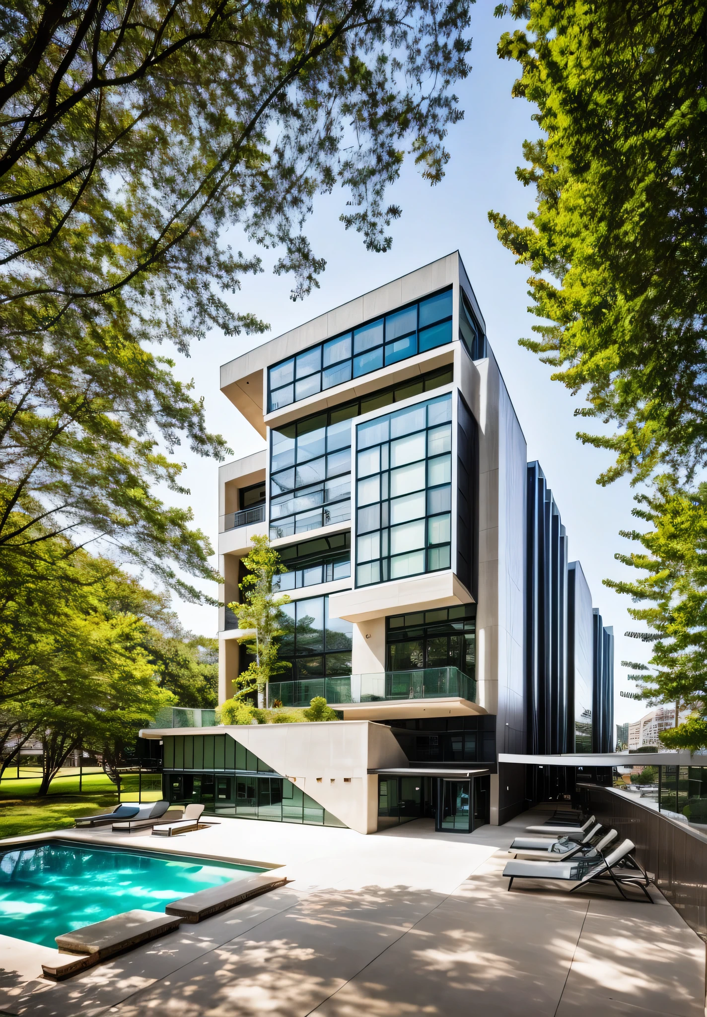 exterior of highrise hotel building, contemporary style, inspired of Norman Forster, glass with steel frame facade, 5 stars hotel design, beautiful landscape, stone pavement,cars, RAW photo, 8k uhd, dslr, soft lighting, high quality, film grain, Fujifilm XT3,masterpiece,