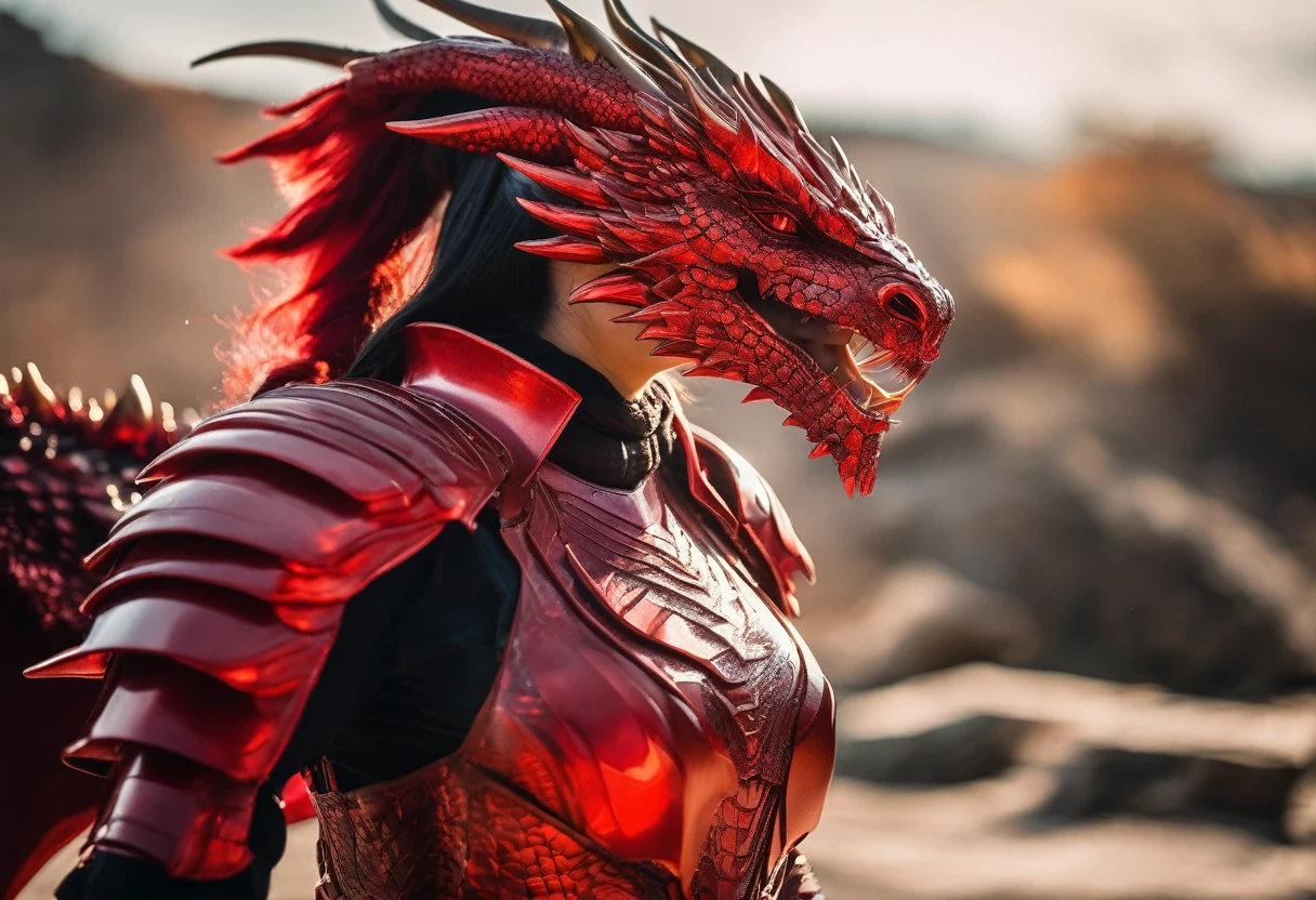 Cinematic, A fierce warrior woman stands before you, clad in a stunning red tech dragon armor is radiating tech energy . the armor is covering her whole body . The intricate armor is a mix of red and black, with bold red stripes that seem to pulsate with the dragon's magic. Her realistic appearance only adds to her awe-inspiring presence. Shot on a Sony Alpha A7 III camera with a Zeiss Batis lens at 85mm focal length and f/2.0 aperture, hyper realistic.xianxia
